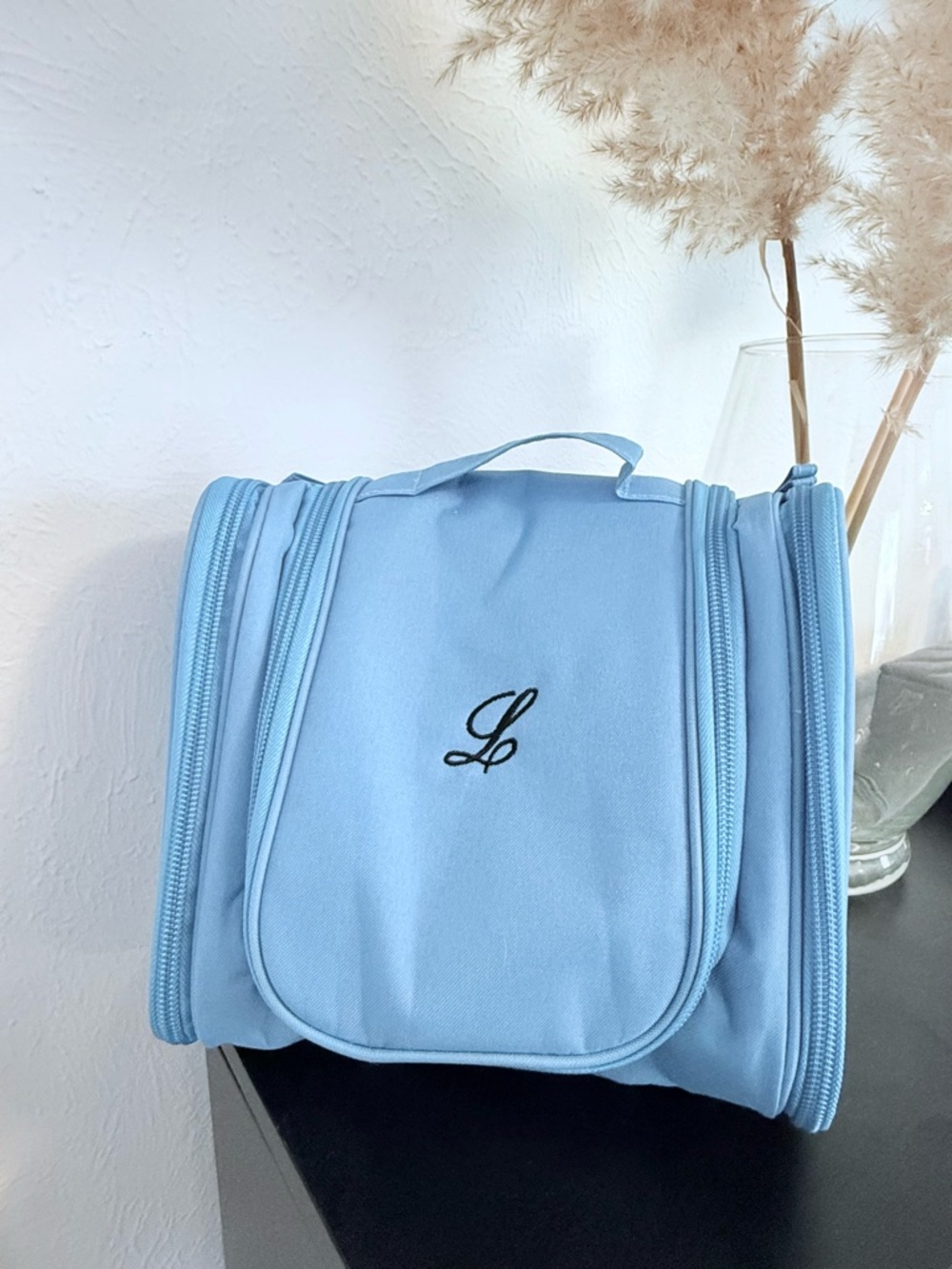 Turquoise Blue Travel Toiletry Bag with Script 'L'